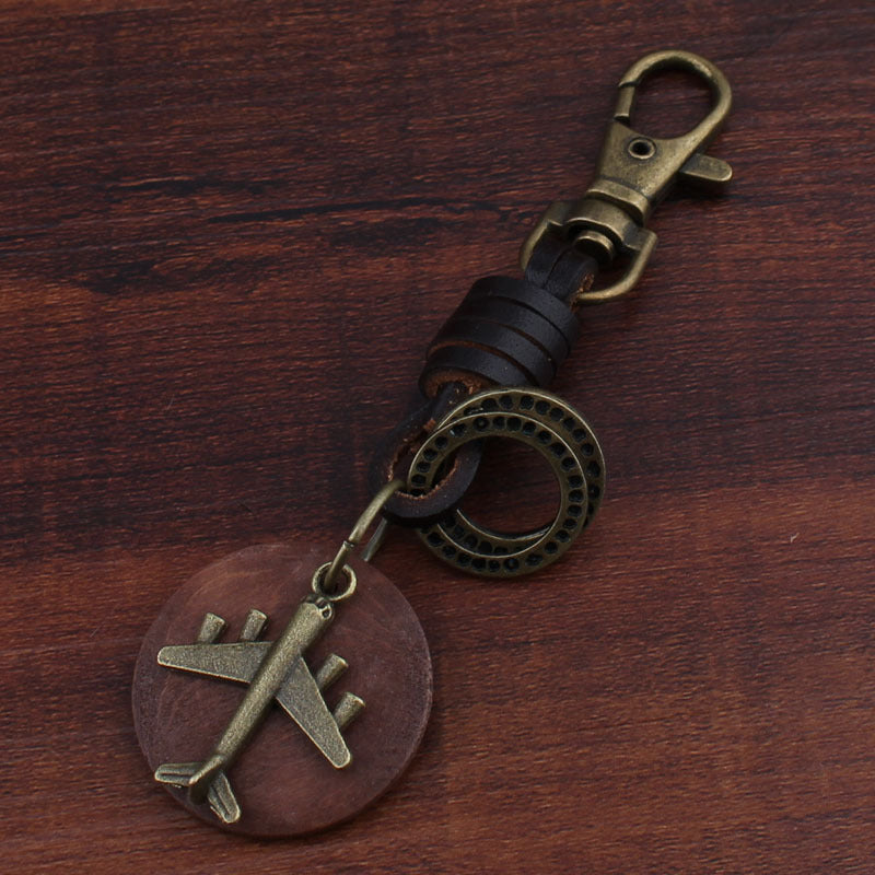 Wholesale Round Wood Bronze Aircraft Pendant Leather Keychains